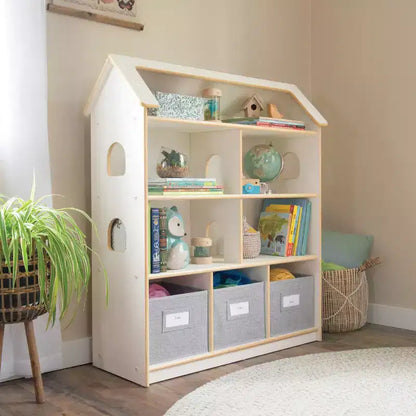 Libreria a Casetta per Bambole, Mobili in Legno per il Gioco di Imitazione dei Bambini con Contenitori per Giocattoli e Bambole