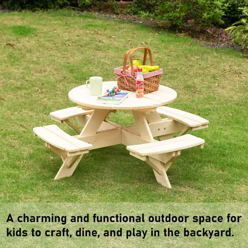Tavolo da Picnic Rotondo in Legno per Bambini con Panca, Tavolo da Esterno per Artigianato e Pranzo per Bambini