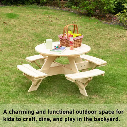 Tavolo da Picnic Rotondo in Legno per Bambini con Panca, Tavolo da Esterno per Artigianato e Pranzo per Bambini