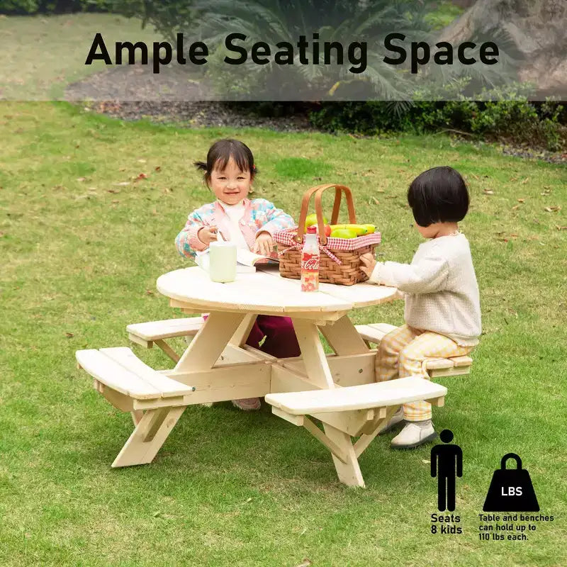 Tavolo da Picnic Rotondo in Legno per Bambini con Panca, Tavolo da Esterno per Artigianato e Pranzo per Bambini