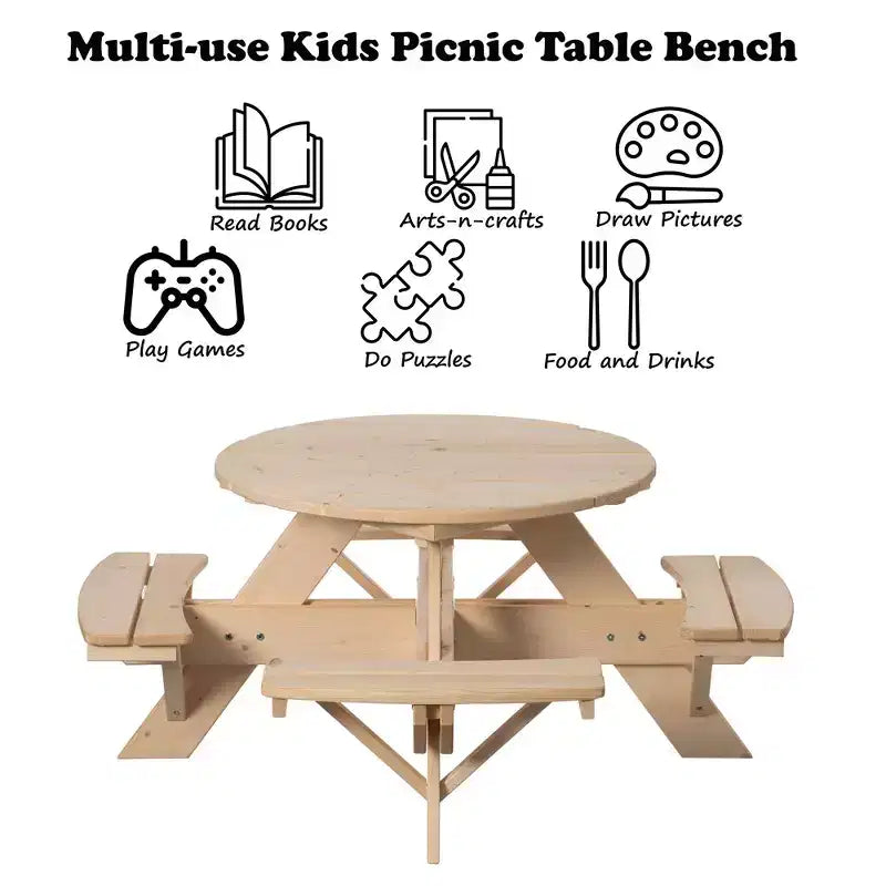 Tavolo da Picnic Rotondo in Legno per Bambini con Panca, Tavolo da Esterno per Artigianato e Pranzo per Bambini