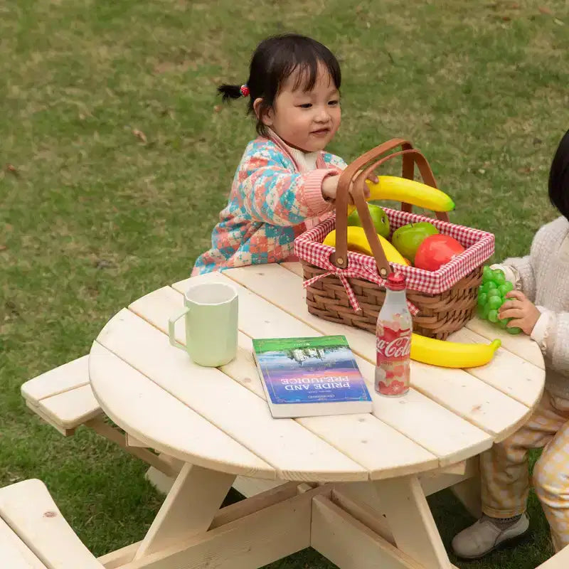 Tavolo da Picnic Rotondo in Legno per Bambini con Panca, Tavolo da Esterno per Artigianato e Pranzo per Bambini